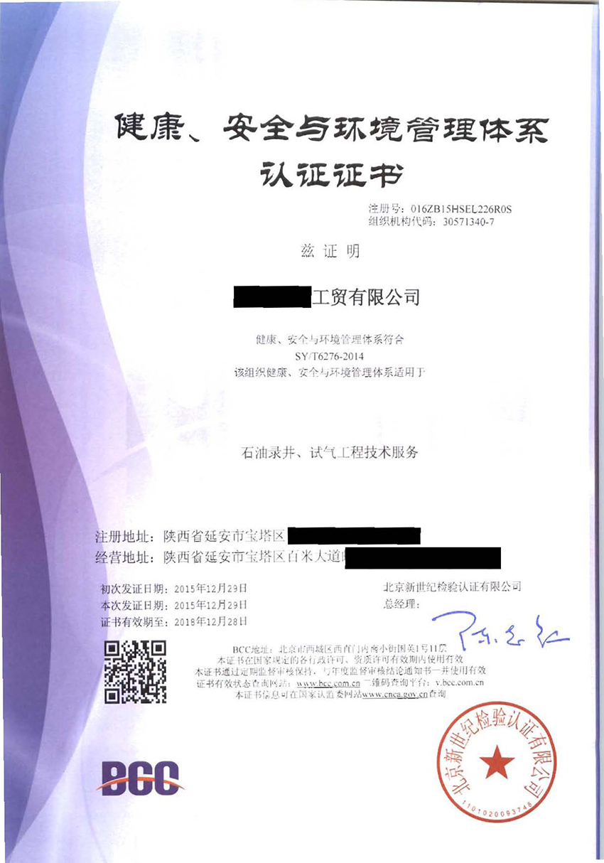 HSE石油行業(yè)健康、安全、環(huán)境管理體系證書(shū)